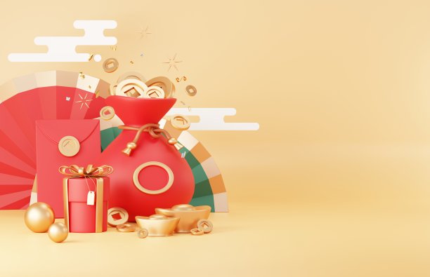 2023年兔年中国新年快乐。传统的展示产品的讲台。农历新年红色背景装饰与中国的纹理，黄金，硬币，和生肖。3 d渲染。图片下载