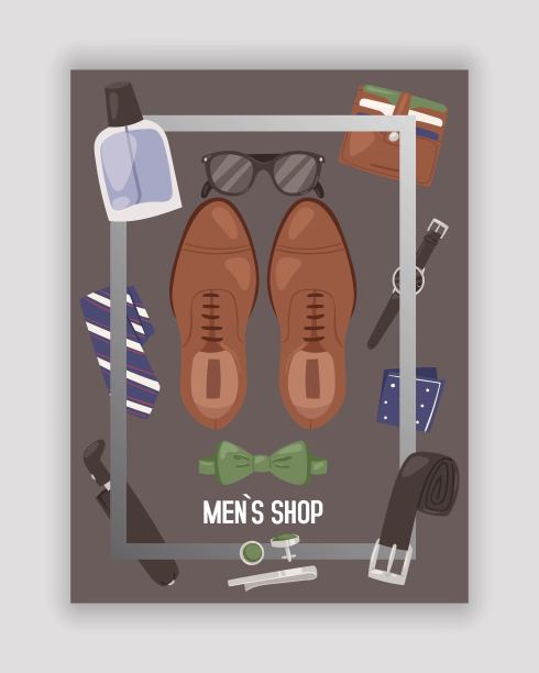 男士商店或商店与配件海报矢量插图。服装必需品鞋子、领带、蝴蝶结、腰带。每天随身携带香水、雨伞和眼镜等物品。图片下载