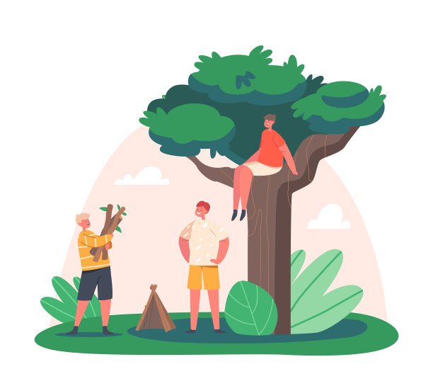 儿童角色在森林营地建造小屋或树屋，男孩在大自然中玩耍，建造树枝房子图片下载