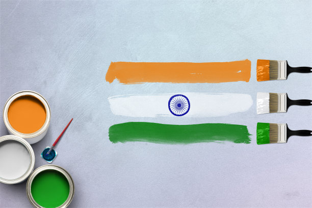创意概念的印度三色旗创建使用油漆刷和彩色油漆罐。印度共和国日。印度独立日。印度的色彩。图片下载