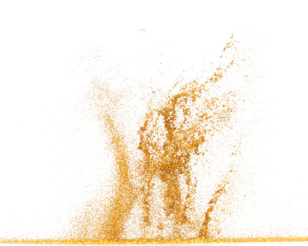爆炸金属金闪闪发光散景孤立的白色背景装饰。金粉火花闪烁庆祝，模糊箔部分爆炸在空中，飞抛金粉颗粒形状图片下载