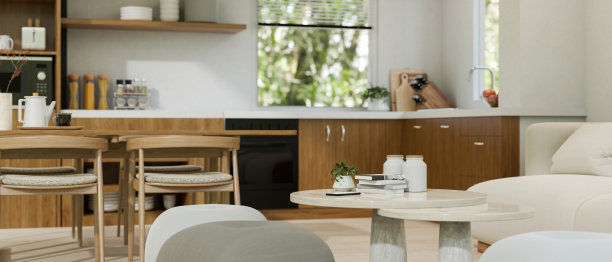 极简主义的斯堪的纳维亚家庭厨房与用餐空间和起居空间室内设计图片下载