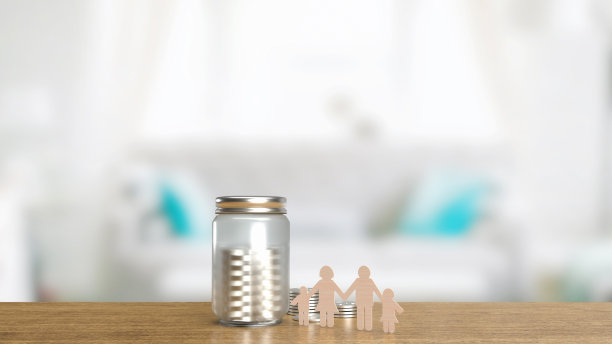 木家族板和罐硬币3d渲染图片下载