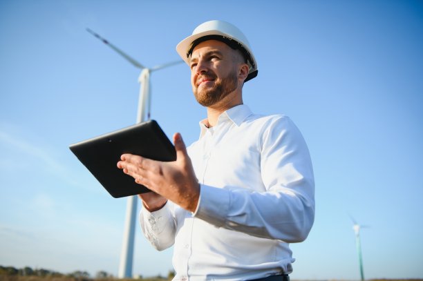电力工程师正在研究风力涡轮机。图片下载