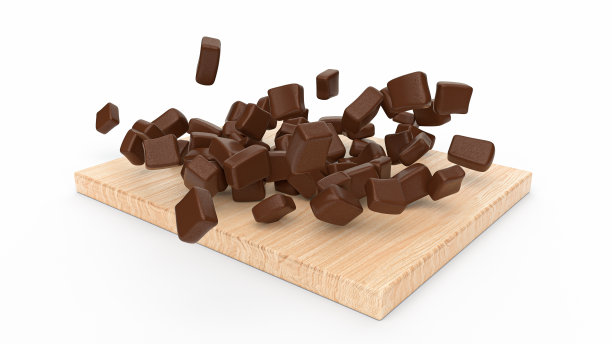 小方形巧克力块落在矩形木砧板上的3d渲染图片下载