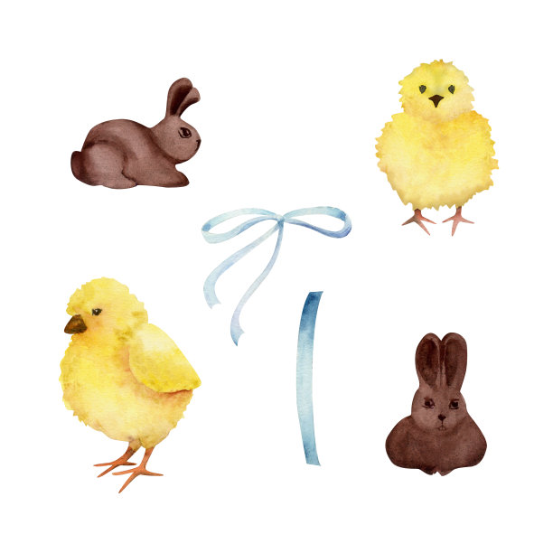 水彩手绘复活节庆祝剪纸。一套小黄鸡，巧克力兔子，蝴蝶结。柔和的颜色。孤立在白色背景上。用于邀请函、礼品、贺卡、印刷品、纺织品图片下载