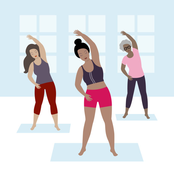 运动类。一群做侧伸运动的女人。健身,健康的生活方式。图片下载