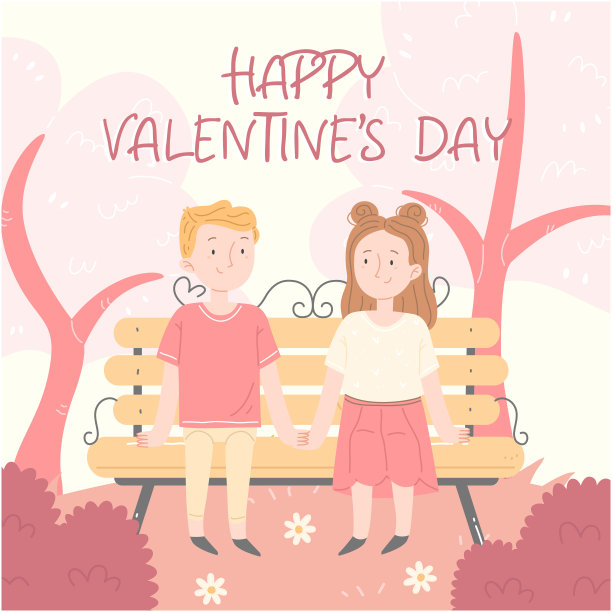 情人节贺卡的概念。漫画风格的插图。情人节快乐。一个男孩和一个女孩在约会。可爱的方形插图。图片下载