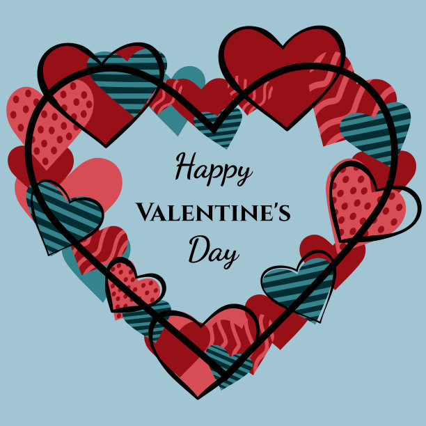 情人节的矢量设计。一张有花环的照片，蓝色背景上有一颗心。明信片，方形模板，适合在社交网络上发布图片下载