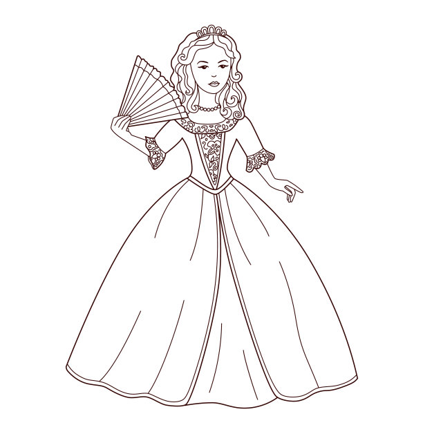 矢量美丽的童话公主与手扇轮廓风格。图片下载