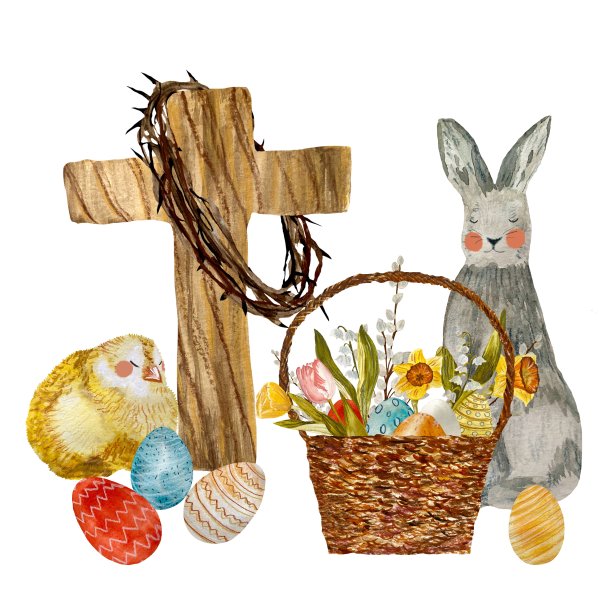 十字冠小鸡蛋花兔子水彩图片下载