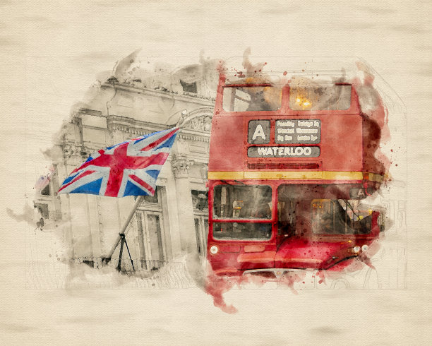水彩印象的老式伦敦双层巴士与目的地滑铁卢图片下载