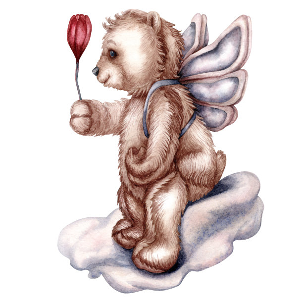 水彩手绘泰迪熊-天使与粉红花情人节，母亲节，妇女节，生日，婚礼。图片下载