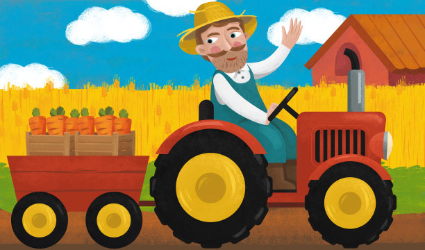卡通场景拖拉机和农民在农场图片下载