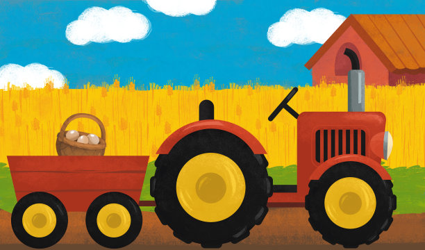 卡通场景与拖拉机在农场插图图片下载