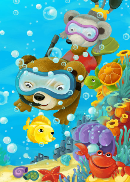 卡通海洋场景，珊瑚礁森林动物潜水图片下载
