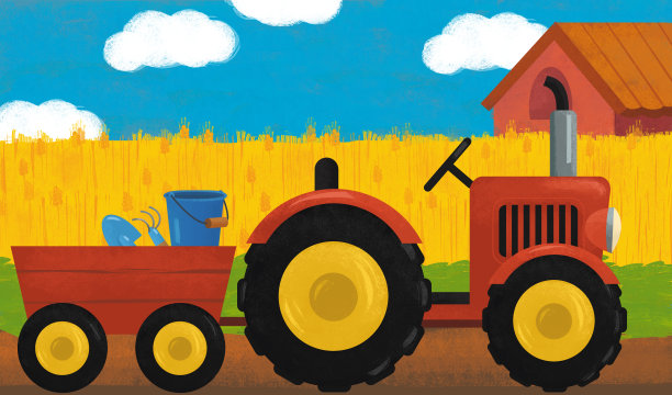 卡通场景与拖拉机在农场插图图片下载