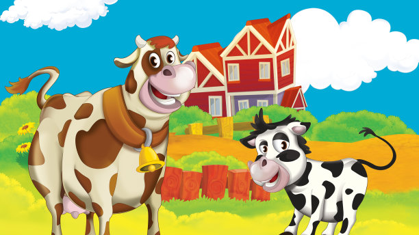 卡通农场场景与牛插图图片下载