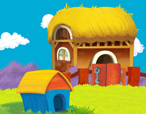 卡通农场场景与狗窝插图图片下载