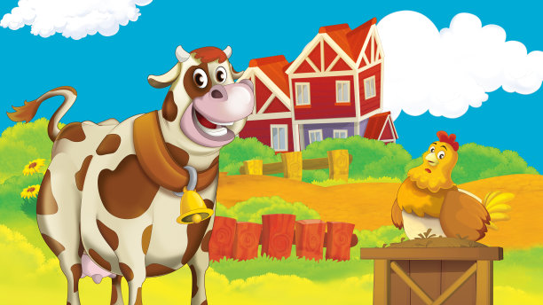 卡通农场场景与牛插图图片下载