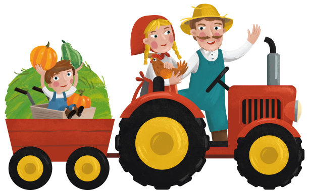 卡通场景的工作农民与儿子插图图片下载