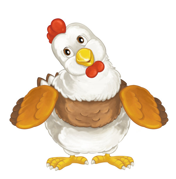 卡通快乐农场动物-快乐的母鸡站在那里微笑着看-艺术风格-儿童插画图片下载
