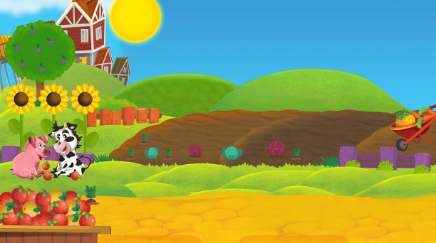 卡通农场牧场场景与农村木屋-插图图片下载