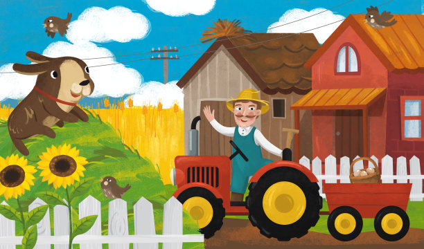 卡通拖拉机农场家庭在牧场插图图片下载
