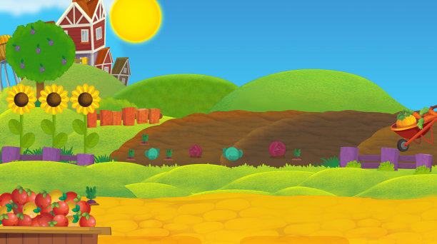 卡通农场牧场场景与农村木屋-插图图片下载