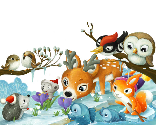 卡通场景与圣诞动物在森林附近的小溪插图图片下载