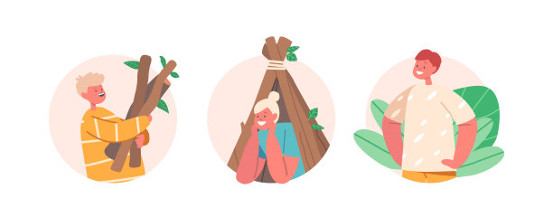 孩子们在树屋和小屋玩孤立的圆形图标。儿童户外活动，乐趣，夏季森林营图片下载