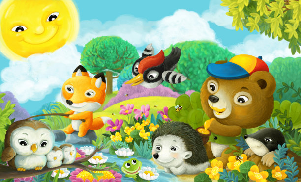 卡通场景森林动物钓鱼插图图片下载