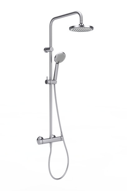 现代沐浴金属铬淋浴墙系统与水龙头。3d渲染图片下载