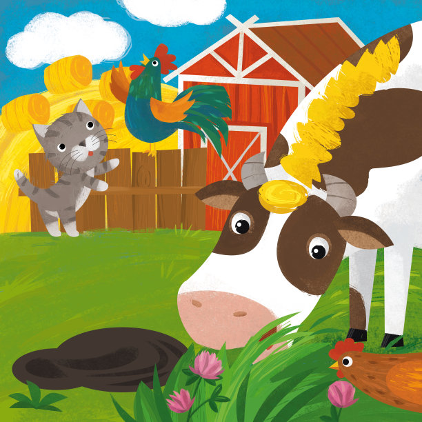 卡通农场动物猫公鸡母鸡鸡奶牛图片下载