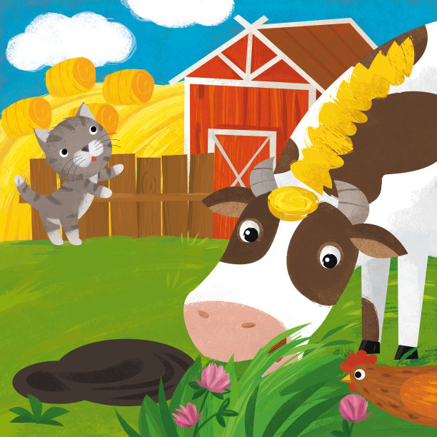 卡通农场动物猫公鸡母鸡鸡奶牛图片下载