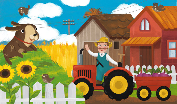 卡通拖拉机农场家庭在牧场插图图片下载
