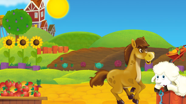 卡通农场牧场场景与农村木屋-插图图片下载