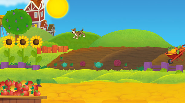 卡通农场牧场场景与农村木屋-插图图片下载