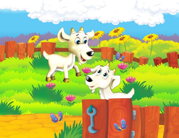 农场的生活和山羊玩耍-给孩子们的插图图片下载