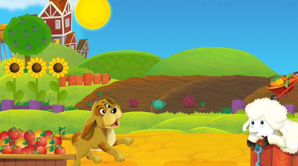 卡通农场牧场场景与农村木屋-插图图片下载