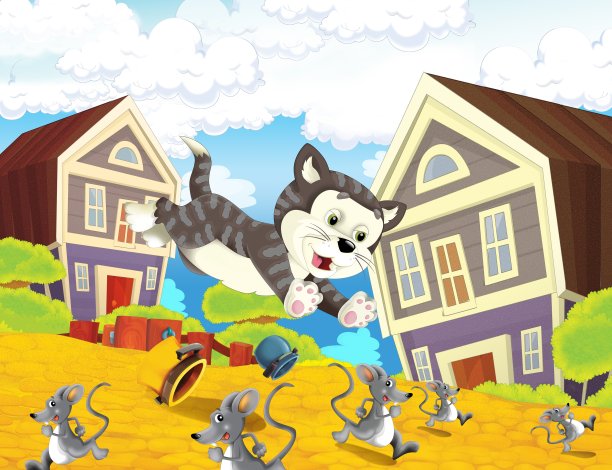 农场快乐的儿童插画-追逐场景-猫追逐老鼠-许多不同的元素图片下载