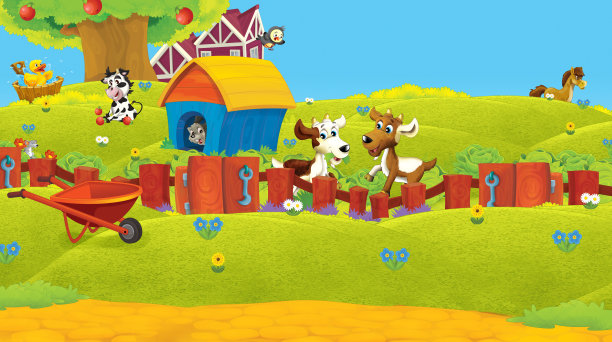 卡通场景与动物在农场有有趣的插图图片下载