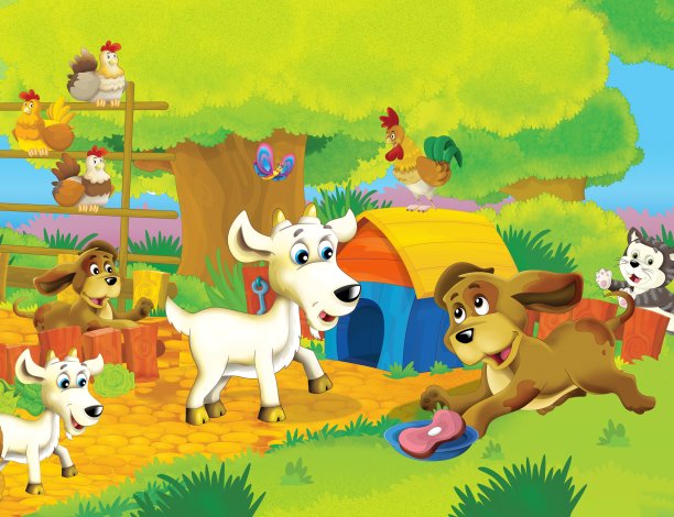农场的生活，山羊与狗和母鸡一起玩耍——为孩子们画插图图片下载