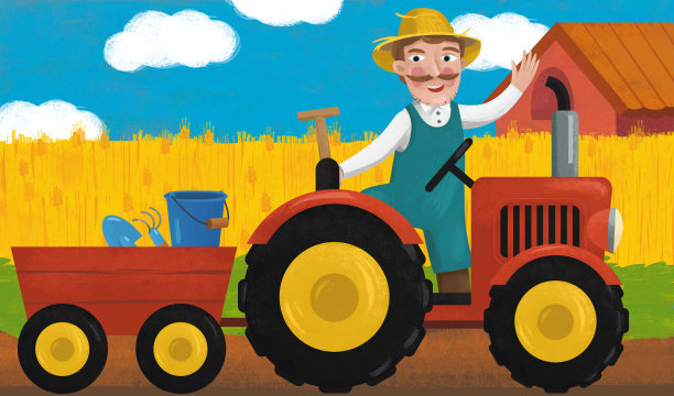 卡通场景与拖拉机在农场插图图片下载
