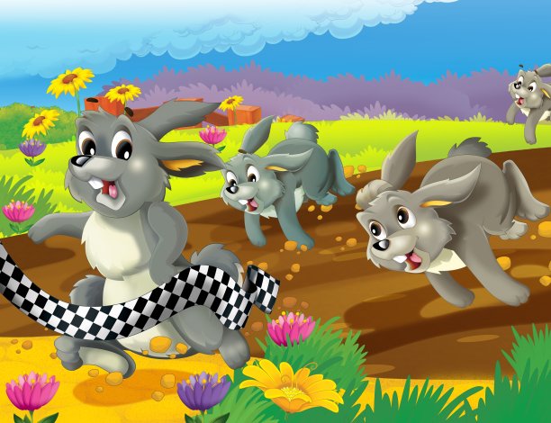 农场生活的卡通场景，兔子在比赛中奔跑-为孩子们插图图片下载