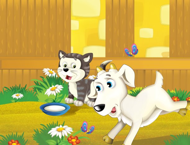 卡通场景与生活在农场与山羊和猫一起玩-插图的孩子图片下载