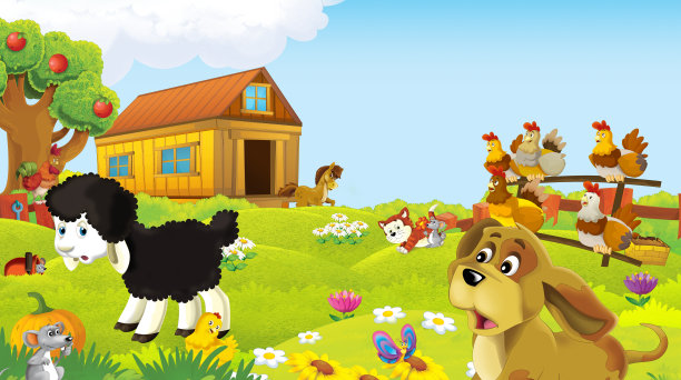 卡通场景与农场动物在农场有有趣的插图图片下载