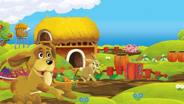 卡通场景与农场动物在农场牧场草甸-插图图片下载