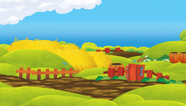 卡通农场牧场场景，彩色草地舞台，供不同用途说明图片下载