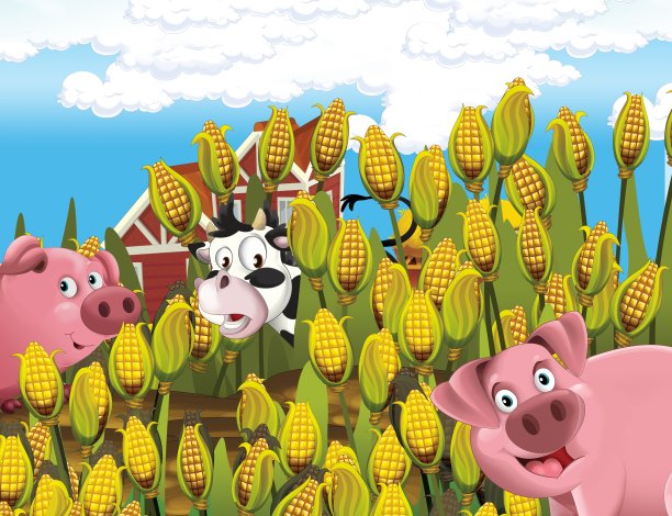 农场生活的卡通场景，牛和猪在玉米田和农舍谷仓附近-为孩子们提供插图图片下载